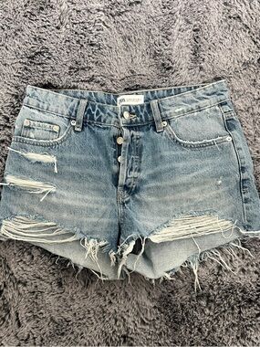 Zara Light Blue Distressed Denim Shorts